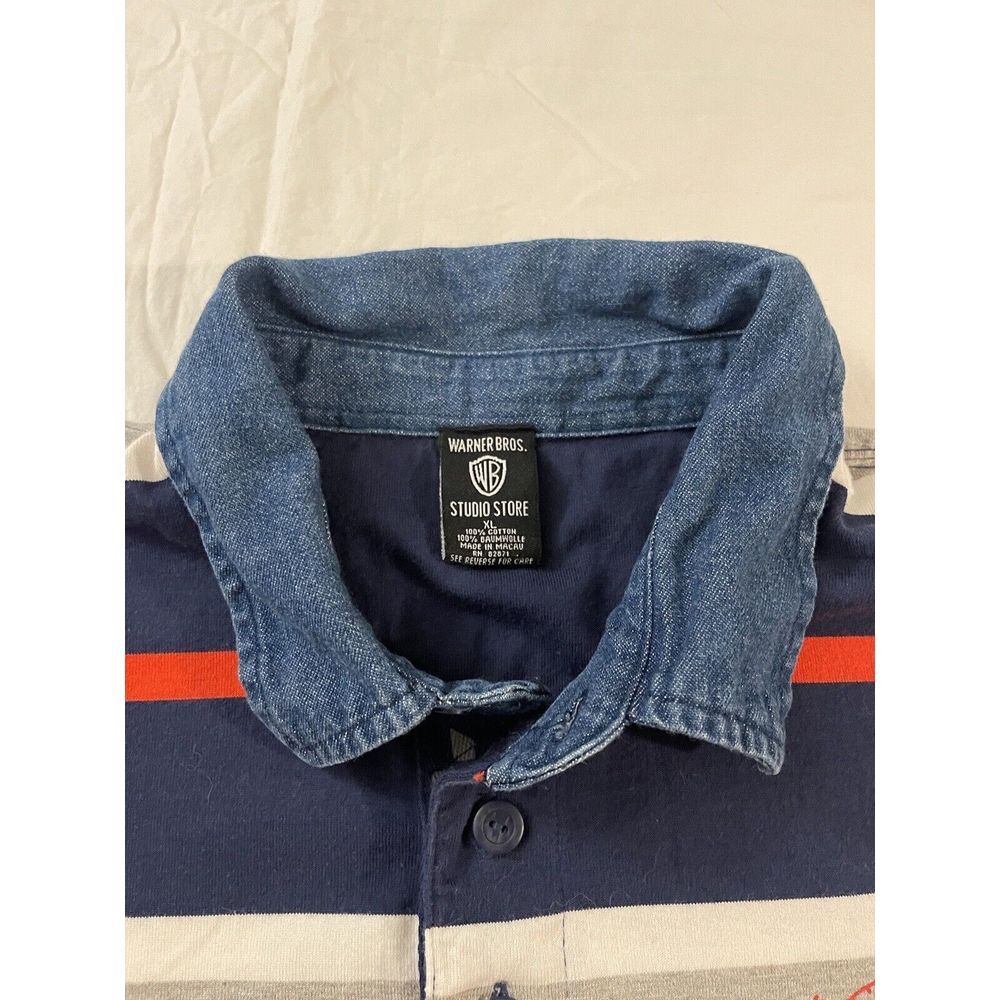 Warner Bros Long Sleeve Men XL Blue Grey Cotton Stripe Golf Polo Daffy Duck 2055 - Picture 6 of 10